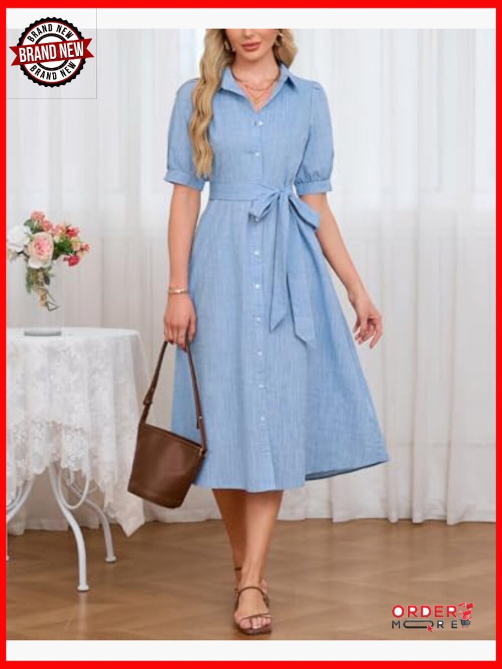 Button Down Shirt Dress Puff Short Sleeve Midi Tunic with Belt - Picture 3 of 6